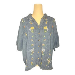 Needlepoint Floral Denim Shirt Cottagecore 24W